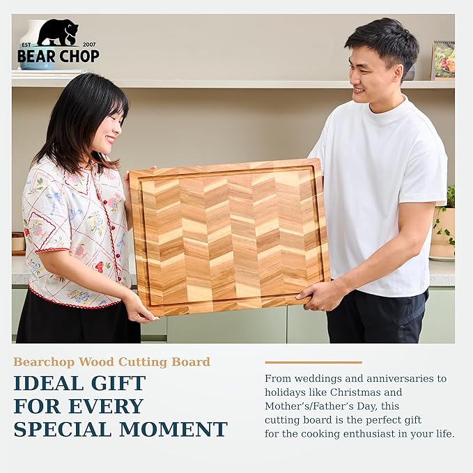 Bearchop Herringbone Acacia Wood Cutting Boards for Kitchen, Butcher Block with 4-Side Reinforced Bar for Anti Crack/Warp,[24"x18"x1.25"] Extra Large Cutting Boards with Gift Box, Juice Groove, Handle