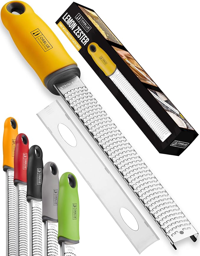 Orblue Lemon Zester & Cheese Grater - Premium Citrus Zester, Kitchen Grater for Parmesan, Chocolate, Fruits, Vegetables, Ginger, Garlic, Nutmeg - Stainless Steel Blades with Protective Cover, Yellow