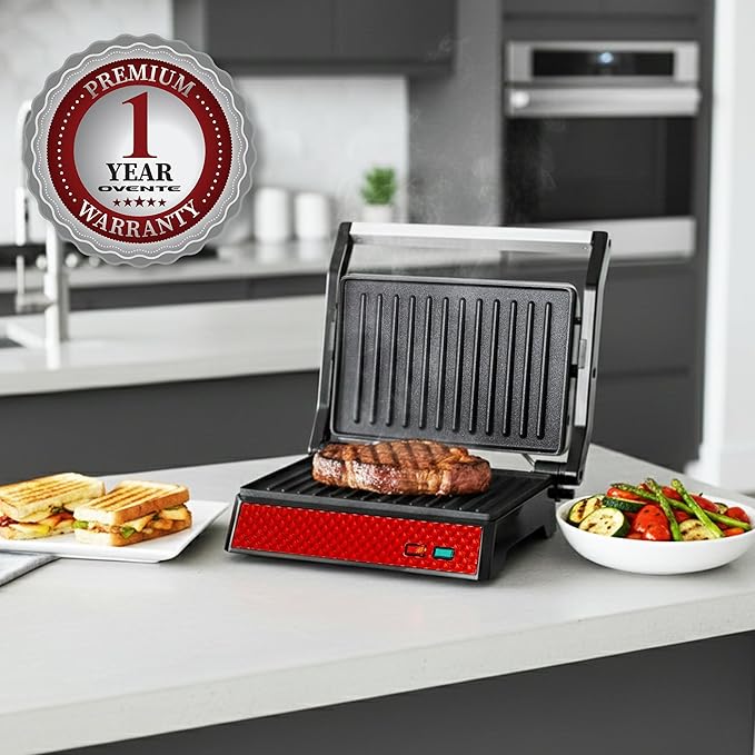 OVENTE Electric Indoor Panini Press Grill and Sandwich Maker with Non-Stick Coated Plates, Cool-Touch Handle and Removable Drip Tray, Opens 180 Degrees to Fit Any Type or Size of Food, Red GP0540R