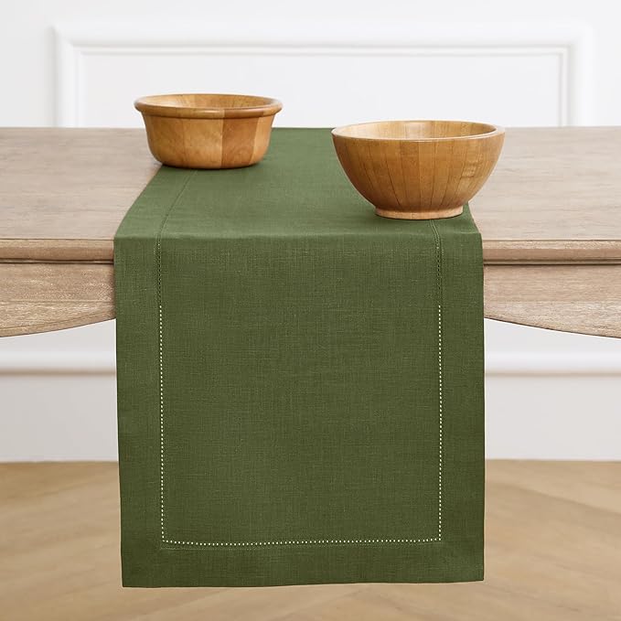 Solino Home Linen Olive Table Runner 108 Inches Long - 100% Pure Linen 14 x 108 Inch Table Runner for St Patricks Day - Classic Hemstitch