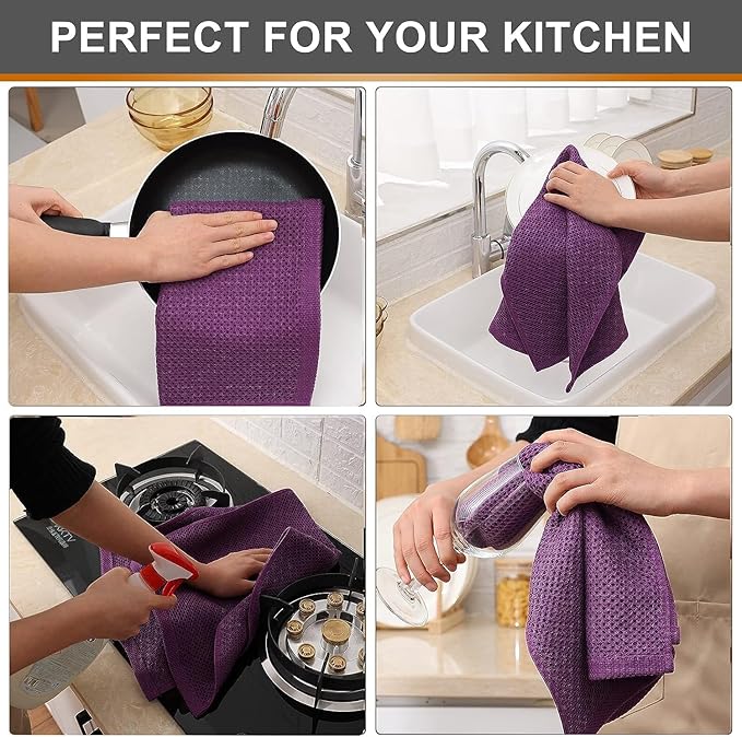 Kitinjoy 100% Cotton Waffle Weave Kitchen Towels, 8-Pack Super Soft and Absorbent Dish Towels for Drying Dishes, Kitchen Hand Towels, 13 in x 28 in, Violet