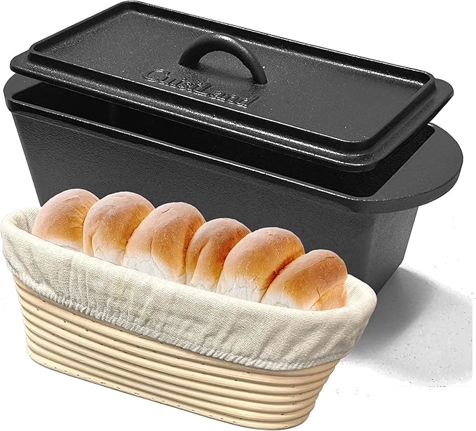 Cuisiland Rectangular Cast Iron Bread Loaf Pan & Proofing Basket, Heavy Duty 11x4.75x4,25" (14" L/Handles) with Lid (BLP137BU)