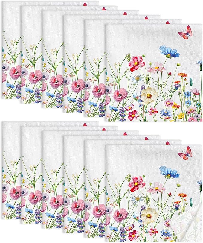 Spring Summer Wildflower Floral Napkins, 18×18 Inch Dinner Cloth Napkins Set of 12, Washable Cotton Soft Absorbent Square Table Top Decoration for Dining Kitchen Party Wedding