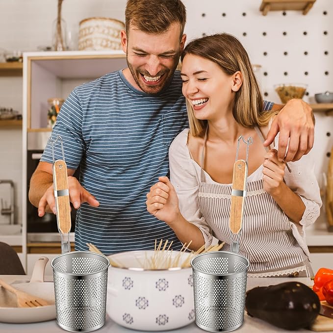 Tessco for you 6 Pcs Stainless Steel Pasta Basket with Wood Handle Pasta Strainer Kitchen Mesh Spider Noodle Strainer Skimmer Food Dumpling Noodle Blanching Basket(4.7 Inch,Light Wood Color)