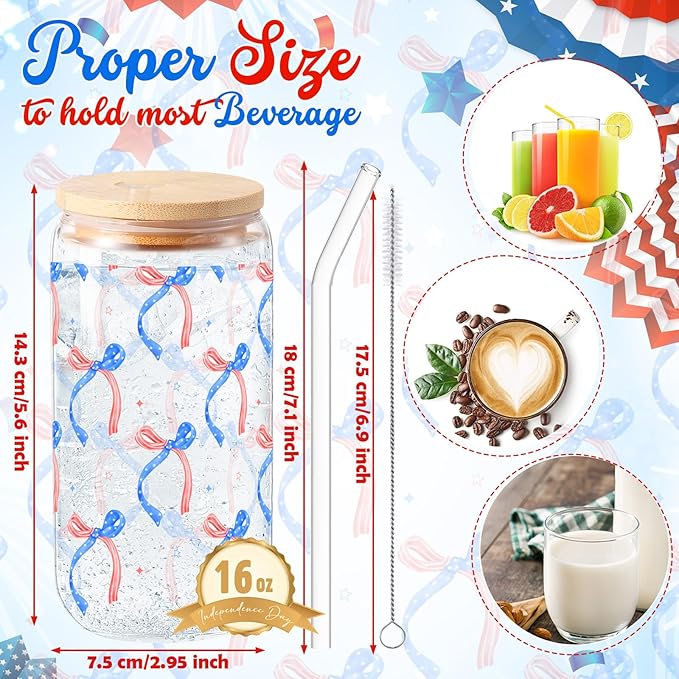 Sliner 2 Pcs Veterans Day Glass Cups Patriotic Bow Gifts Drinking Tumbler 16 oz Iced Coffee Cup with Lid Straw Cleaning Brush for 4th of July Independence Day Summer Home Office Decorations