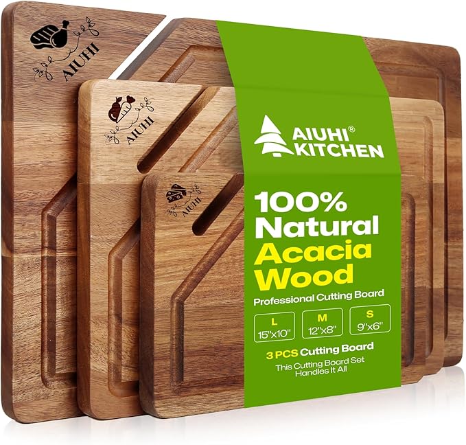 AIUHI Premium Wooden Cutting Boards for Kitchen, 3-Piece Acacia Wooden Chopping Board with Juice Groove, Organic Wood Cutting Board Set for Ideal Charcuterie, Meat & Vegetables