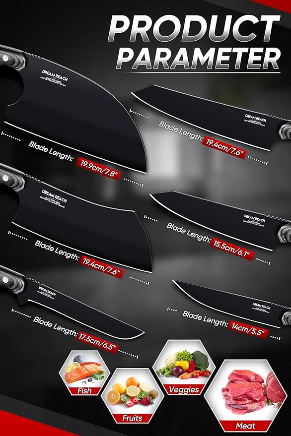 Dream Reach Chef Knife Set - 6PCS Hand Forged Black Butcher Knife Set for Meat Cutting, Serbian Cleavers with A Roll Bag for Kitchen Camping BBQ Outdoor, Birthday Mother Father Gift Idea