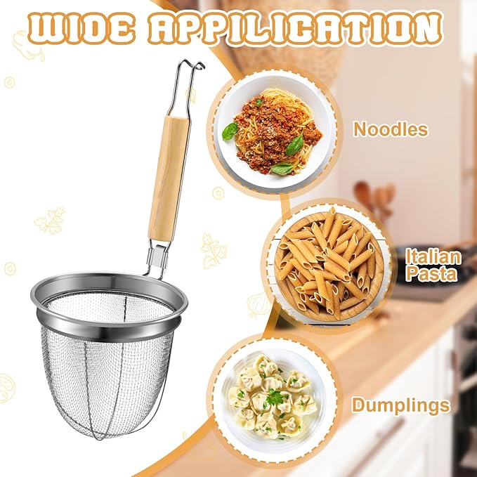 Patelai 8 Pcs Pasta Strainer Basket 5.5"x5.5" Stainless Steel Noodle Strainer with Wood Handle Kitchen Round Base Mesh Spider Basket Skimmer Food for Pasta, Ramen, Dumplings, and Deep-fried Foods