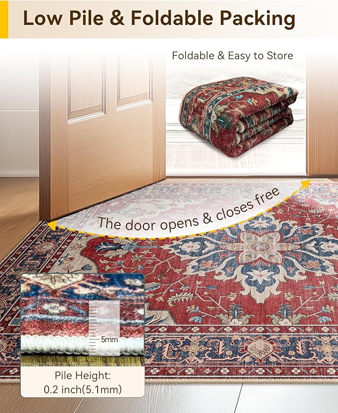 Area Rugs Round 6ft Washable Non-Slip, Floral Vintage Distress Print Pattern Medallion Carpet for Living Room Bedroom Dining Room, Red Blue