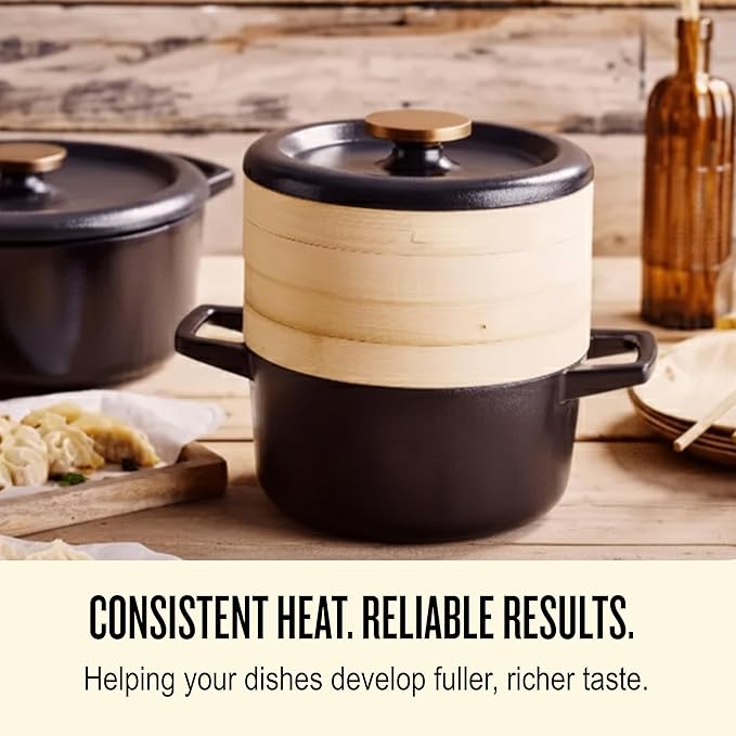 Alva Nori 2.5-Qt Enameled Cast Iron Dutch Oven Steamer Set – Made With No PTFE/PFOA/PFAS, Oven & Induction Safe – 3-Layer Enamel, No Seasoning Needed – Durable, Easy-Clean Cocotte with 2 Steamer Inserts