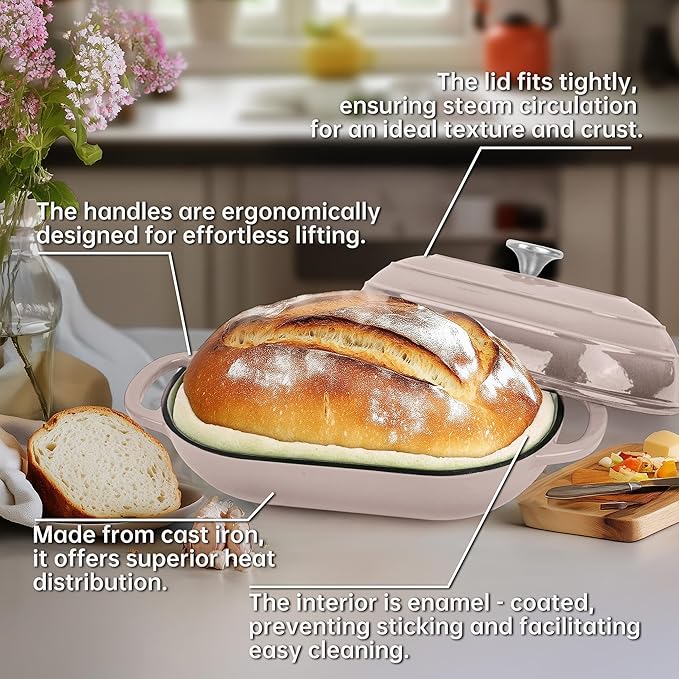 Fijxzct Premium Enameled Cast Iron Dutch Oven for Bread Baking | Non-Stick 2QT Oval Bread Oven with Lid | Perfect for Sourdough, Loaf, and Artisan Baking (Gradient Pink, 5 QT)