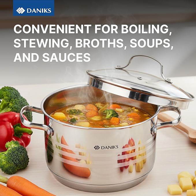 Daniks Tokio Stainless Steel Cookware Set, 6-Piece – 2 qt, 3 qt, 4.5 qt Pots with Glass Strainer Lids, Induction Ready, Dishwasher Safe, Measuring Scale, Silver