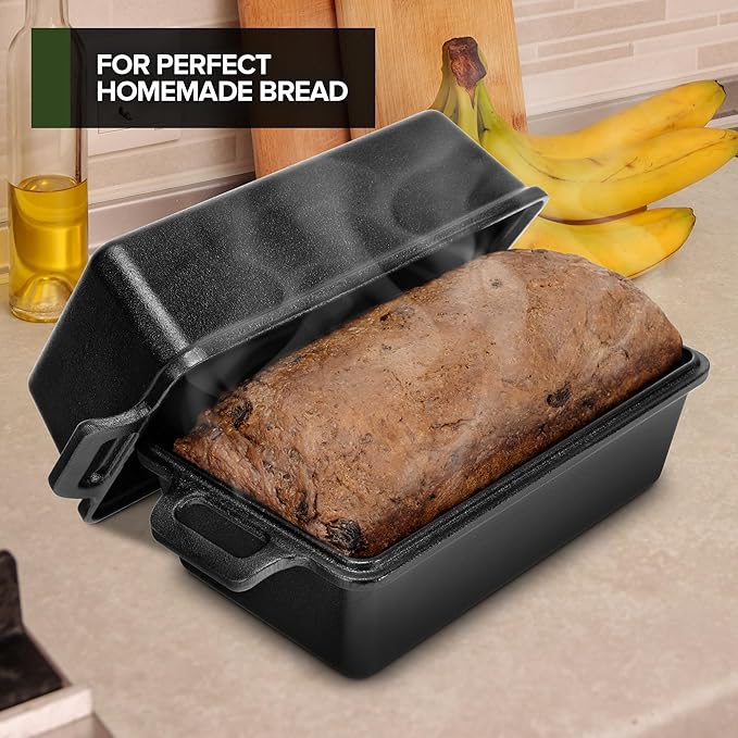 Modern Innovations Cast Iron Bread Pan with Lid 9x5 Inch, Pre-Seasoned Loaf Pan for Baking Sourdough, Banana Bread, Meatloaf and Casseroles, Heavy Duty Dutch Oven Style Pan