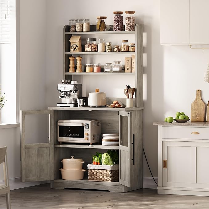 Garvee Farmhouse Bakers Rack with Glass Door, Microwave Stand with Power Outlets, Kitchen Hutch Pantry Cabinet, Kitchen Coffee Bar Cabinet for Spices, Dishes, and Pots, Gray