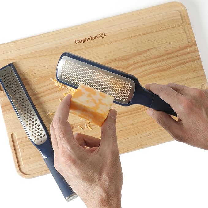 Calphalon Edge 2 Piece Stainless Steel Handheld Cheese Grater and Lemon Zester W/Covers & Rubber Handles - Navy Blue