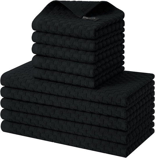 Homaxy 100% Cotton Kitchen Towels and Dishcloths Set, 12 x 12 & 15 x 25 Inches, Set of 10 Bulk Terry Cloth Dish Towels, Super Soft and Absorbent Hand Towel with Hanging Loop, Black