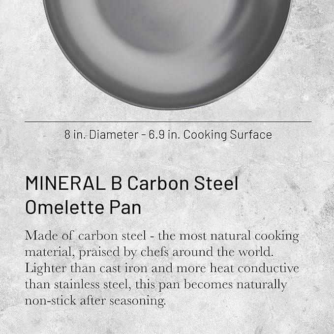 de Buyer MINERAL B Carbon Steel Omelette Pan - 8” Diameter, 6.9” Cooking Surface - Naturally Non-Stick Finish - Made in France