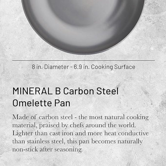 de Buyer MINERAL B Carbon Steel Omelette Pan - 8” Diameter, 6.9” Cooking Surface - Naturally Non-Stick Finish - Made in France