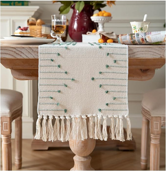 Boho Table Runner 13 x 48 Inch Long Natural Cotton Woven Runner with Tassels for Home Dining Table décor, for Modern Farmhouse Decor Coffee Table Runner, Green and Beige