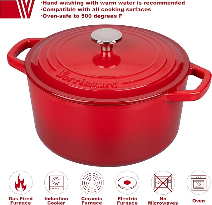 VORRINGARD Enameled Cast Iron Dutch Oven Pot with Lid, for Bread Baking, Round Bread Oven- include Sourdough Bread Baking Supplies Set, 4.5QT, Red