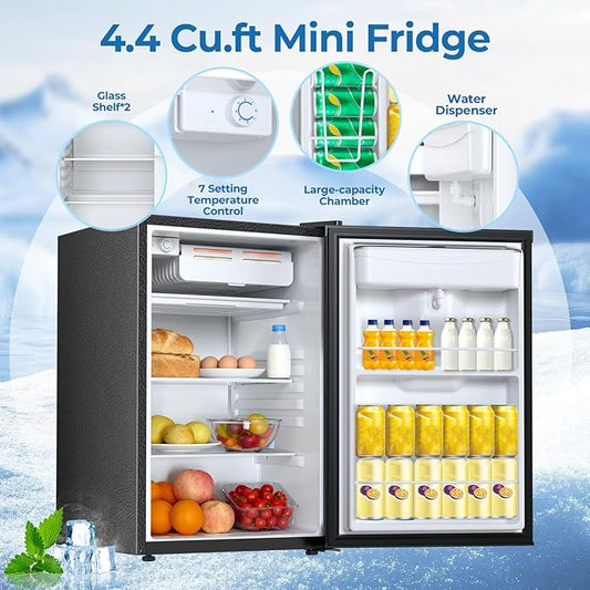 Compact Refrigerator 4.4 cu.ft mini fridge with Water Dispenser, Single Door Refrigerator with Adjustable Temperature Settings, Low noise, for Bedroom, Office, Dorm Black