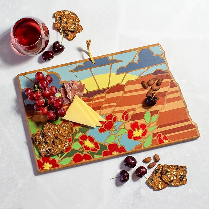 Totally Bamboo North Dakota State Shaped Cutting Board and Charcuterie Serving Platter with Artwork by Summer Stokes, Includes Hang Tie for Wall Display