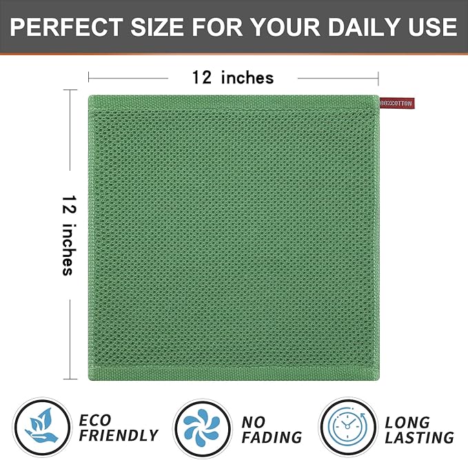 Kitinjoy 100% Cotton Kitchen Dish Cloths, 6 Pack Waffle Weave Ultra Soft Absorbent Dish Towels for Drying Dishes Quick Drying Kitchen Towels Dish Rags, 12 X 12 Inches, Grass Green
