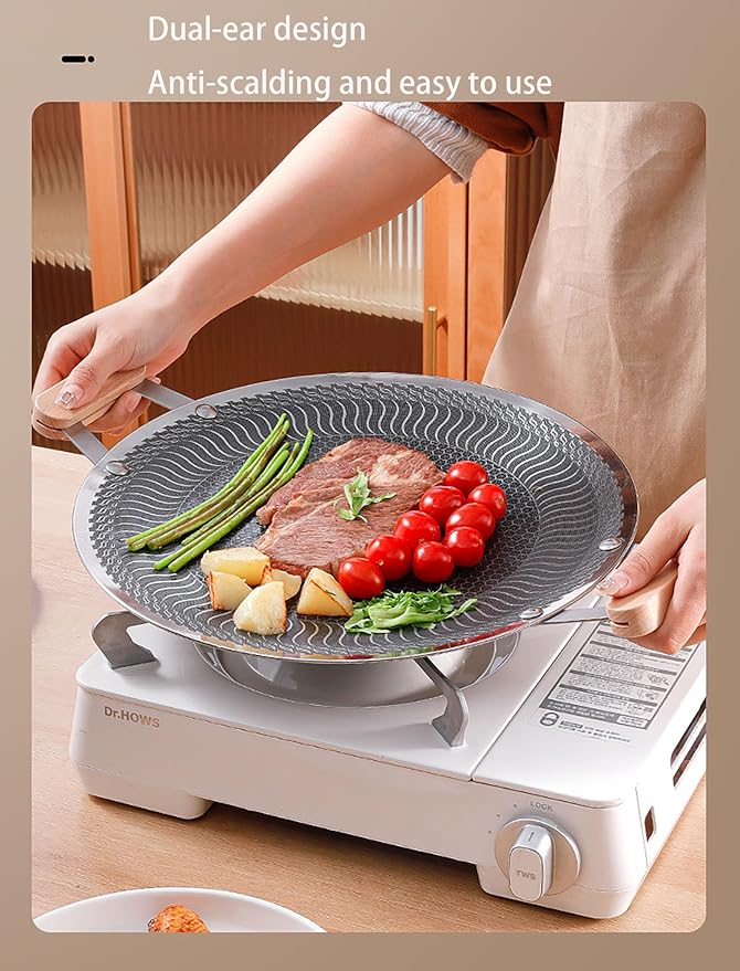 Korean Grill Pan,Nonstick Round Griddle Grill Pan for Korean BBQ Nonstick Round Griddle Grill Pan, Portable Round Cast Stainless Steel Skillet with Handle for Indoor or Outdoor Grilling,13.3 in