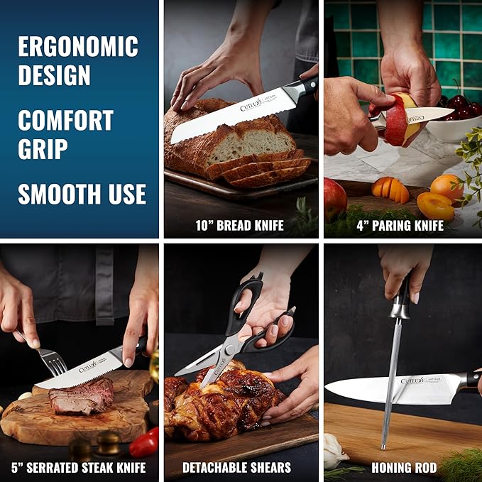 Cutluxe 15-Piece Knife Set – High Carbon German Steel Blades, Full Tang Design & Ergonomic Pakkawood Handles in Walnut Wood Block – Artisan Series