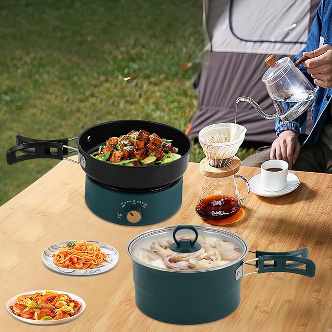 Multifunctional Electric Cooker，500W 110V Folding Portable Multi-Functional Non-Stick Split Electric Hot Pot,1.6L Mini Ramen Cooker for Pasta, Soup, Oatmeal Steak, Eggs StirFrying (green)