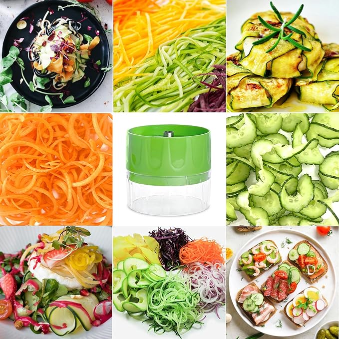 3-in-1 Vegetable Spiralizer Slicer, Adjustable Mandoline Spiral Cutter for Zucchini Noodles, Carrots, Cucumber (Green)