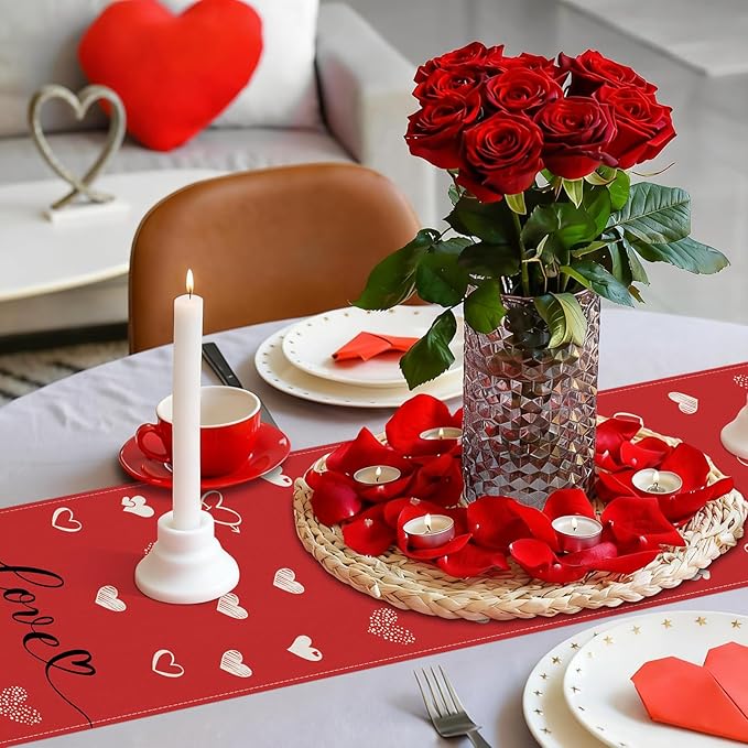 Valentines Day Table Runner 13x90 Inch, Love Hearts Valentine Table Runner, Anniversary Home Kitchen Dining Table Holiday Party Decorations