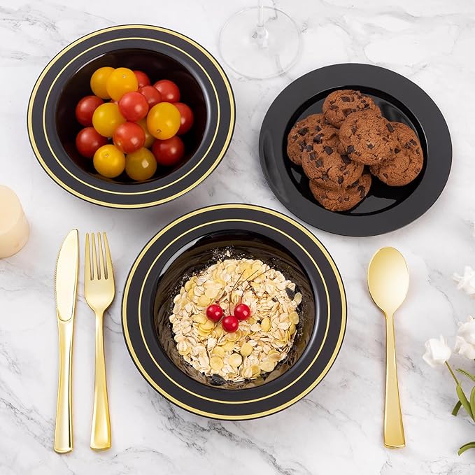 Goodluck 100 Pack Black Plastic Bowls with Gold Rim, 12oz Disposable Soup Bowls, Heavy Duty Dessert Bowls for Weddings, Parties, Dinners, Catering, and New Year
