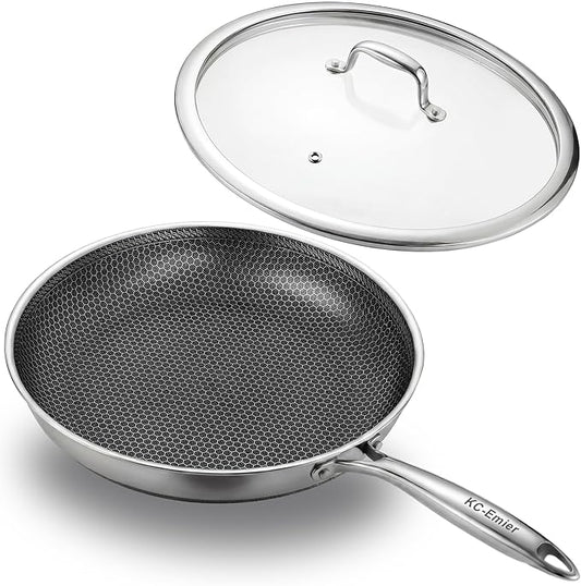 KC-Emier 11 Inch Non-Stick Frying Pan with Lid Tri-Ply Stainless Steel Pan with Stay-Cool Handle Oven & Dishwasher Safe For Induction, Ceramic & Gas Stovetops