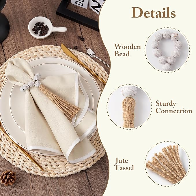 APTWOW Napkin Rings Set of 6, White Washed Wood Bead Napkins Rings, Wooden Napkins Rings for Table Decor, Farmhouse Napkin Rings for Boho Table Decor, Family Banquet, Wedding, Holiday Dinner Party
