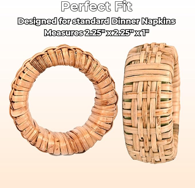 CLEENTABLE Rustic Napkin Rings Set of 12 - Elegant Round Cane Napkin Rings, Easy to Clean, Durable Versatile for Table Settings, Special Occasion, Easter Table Decor & Gift Giving Ideas (Natural)