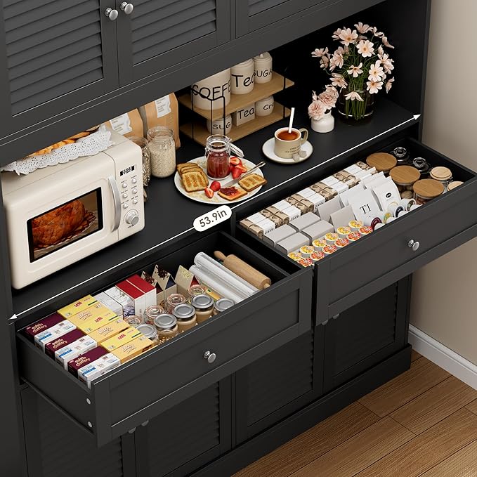 HIFIT 71" Hx55''W Large Kitchen Hutch Storage Cabinet, Farmhouse Coffee Bar Hutch with Microwave Stand, Tall Kitchen Pantry Cabinet with Louvered Doors, 2 Cable Holes, 2 Drawers, Black