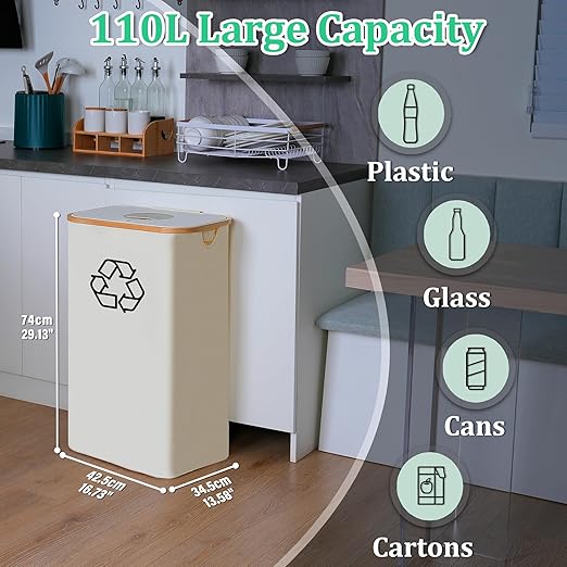 29 Gallons Recycling Bins for Kitchen, Indoor Recycle Bins with Lid, 110L Large Recycle bin with 2 Removeable Reusable Inner Bags, for Bottles Cans Glass Plastice Cartons(Beige)