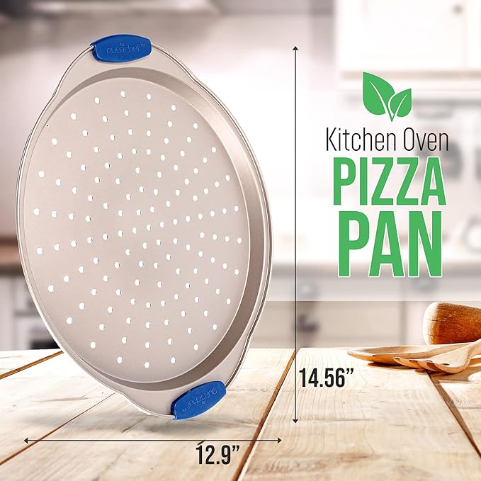 NutriChef 13-Inch Non-Stick Pizza Tray with Silicone Handle - Perforated Carbon Steel, Dishwasher Safe, PFOA Free - Champagne Gold - 12 Pack
