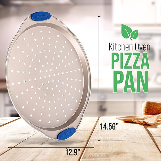 NutriChef 13-Inch Non-Stick Pizza Tray with Silicone Handle - Perforated Carbon Steel, Dishwasher Safe, PFOA Free - Champagne Gold - 12 Pack