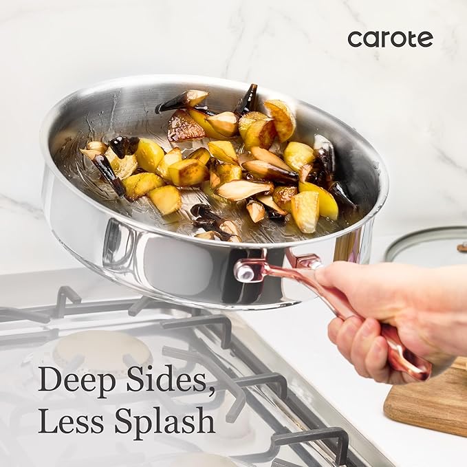 CAROTE 10" Tri-Ply Stainless Steel Deep Frying Pan with Lid, Non-Toxic Saute Pan, Oven Safe, Induction, Ceramic and Gas Cooktops Compatible, Silver