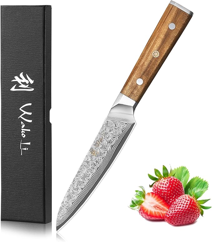 Wakoli Oribu Damascus All-Purpose Knife – Full Tang Kitchen Knife | 4.5-Inch Blade Made of 67-Layer Genuine Damascus Steel | Ergonomic Olive Wood Handle | Sharp & Durable