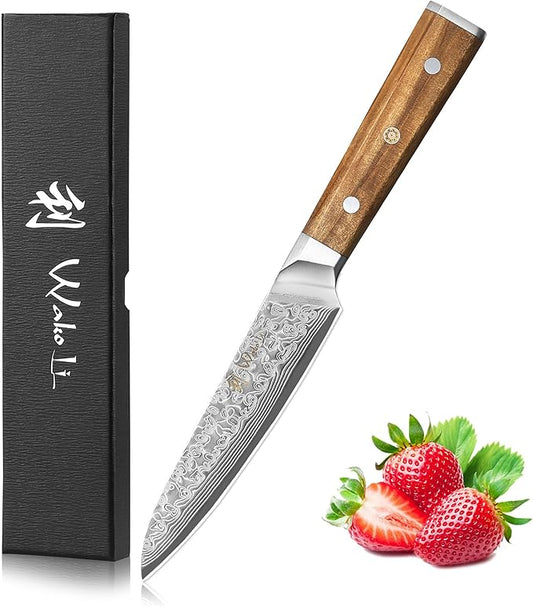 Wakoli Oribu Damascus All-Purpose Knife – Full Tang Kitchen Knife | 4.5-Inch Blade Made of 67-Layer Genuine Damascus Steel | Ergonomic Olive Wood Handle | Sharp & Durable