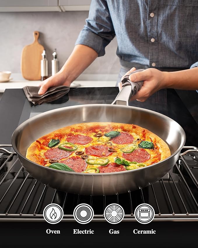 VocVoi 12 inch Tri-Ply Stainless Steel Frying Pan with LID,PFOA&PTFE Free Skillets,Chef's Pans,Dishwasher and Oven Safe Cookware, Works on Induction,Ceramic and Gas Cooktops
