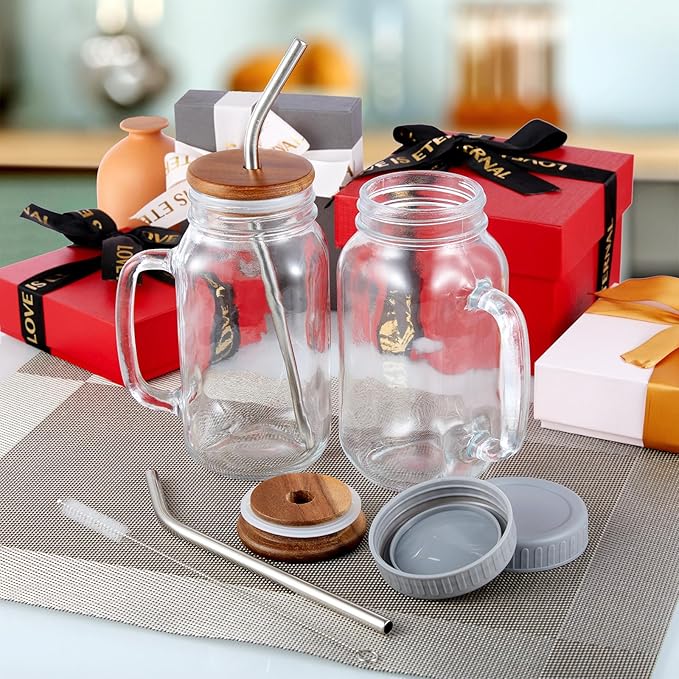 DRASTAR Glass Cups for Iced Coffee, 24oz Mason Jar with Lid and Straw, Mason Jar Coffee Cup, Mason Jars with Handle Drinking Glasses Set of 2