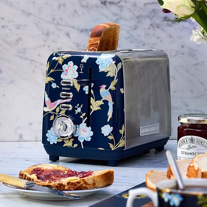 VQ Laura Ashley Elveden Navy Stainless Steel 2 Slice Toaster | Multi-Functional Bagels & Bread Toaster 2 Slice with Adjustable Heating & Defrost Mode | Featuring 2 Wide Slots, Croissant Warming Rack
