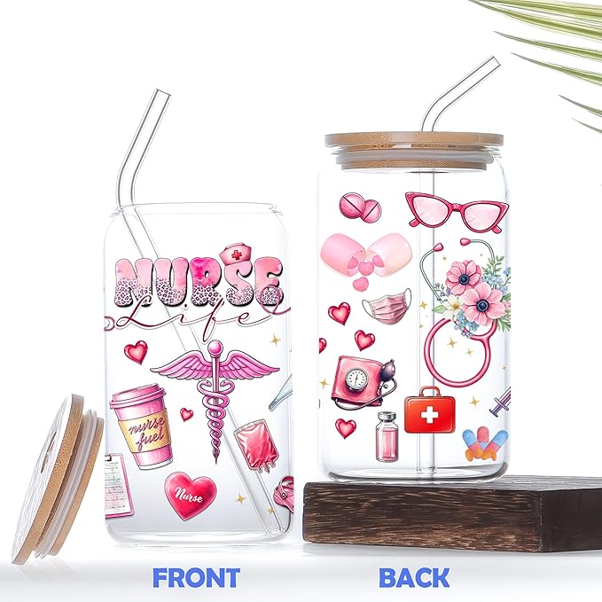 Gifts For Nurse - Nurse Life Glass Cup with Lid & Straw 16 Oz - Nurses Week Gifts - Nursing Student RN Practitioner Gift - Retirement Graduation Christmas Caregiver Appreciation Nursing Ideas