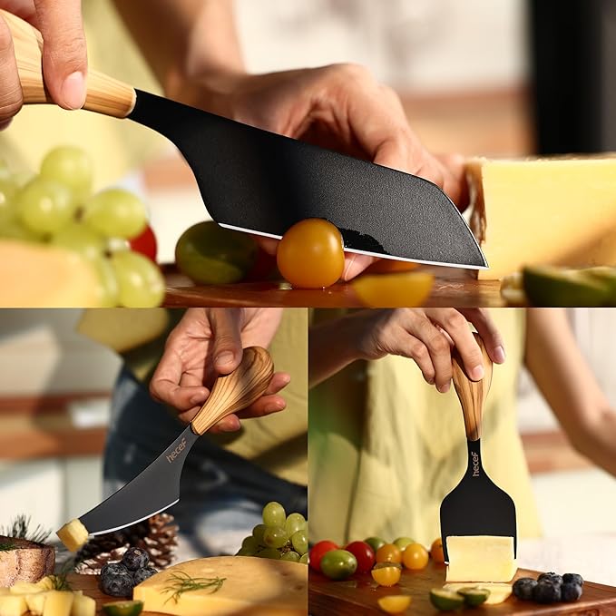 hecef Cheese Knife Set of 3, Includes Pronged, Hard Cheese & Chisel Knife, Matte Black Stainless Steel Knives with Wood Grain Handles, Cheese Tools for Charcuterie Boards, Entertaining, Feast