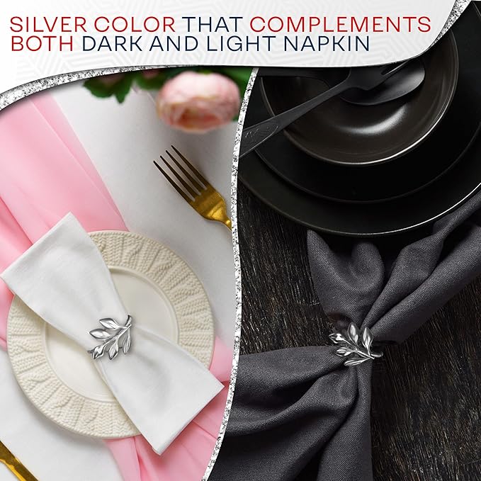 Set of 20 Silver Easter Napkin Rings - Decorative Silver Napkin Rings Set | Napkin Ring Holders with Elegant Leaf Design for Weddings, Parties & Special Occasions, Festive Easter Holiday Table Decor