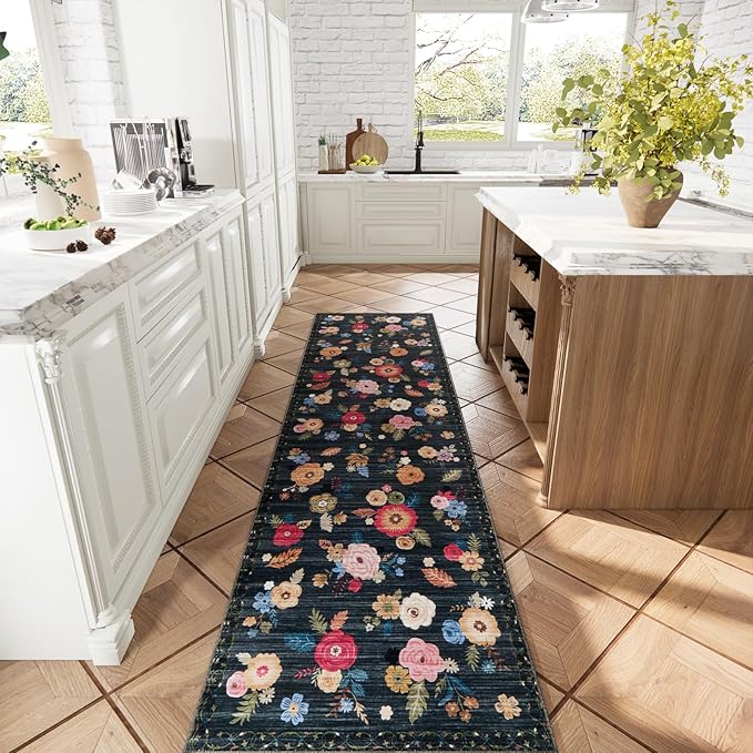 Machine Washable Rug Runners for Hallways: 2x10 Kitchen Rugs Stain Resistant Non Slip Floor Rug with Rubber Backing Soft Floral Carpet Runners for Kitchen Entryway Bedroom Laundry Farmhouse